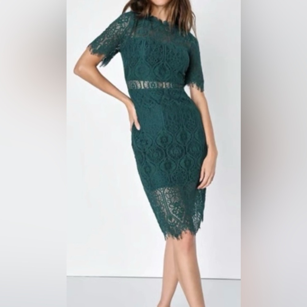 Francesca's Collections Green Asymmetrical Flutter Sleeve Lace Dress